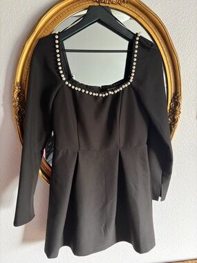 Pearl-Trim Black Long-Sleeve Women's Dress